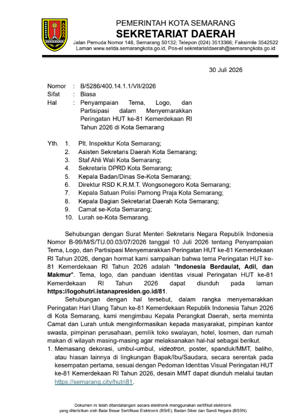 Penyampaian Tema, Logo, dan Partisipasi dalam Menyemarakkan Peringatan HUT ke-81 Kemerdekaan RI Tahun 2026 di Kota Semarang